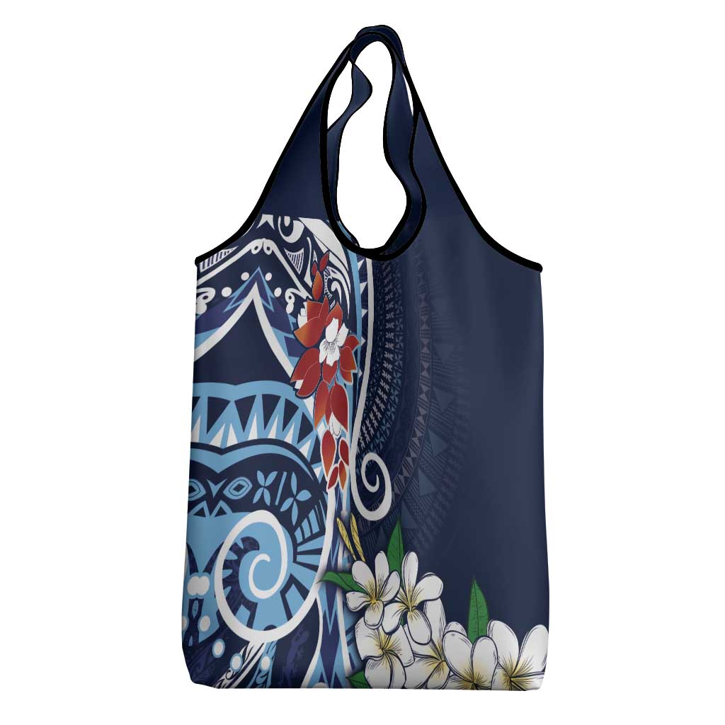 Bula Fiji Tagimaucia Mix Plumeria Masi Tapa Grocery Bag Blue