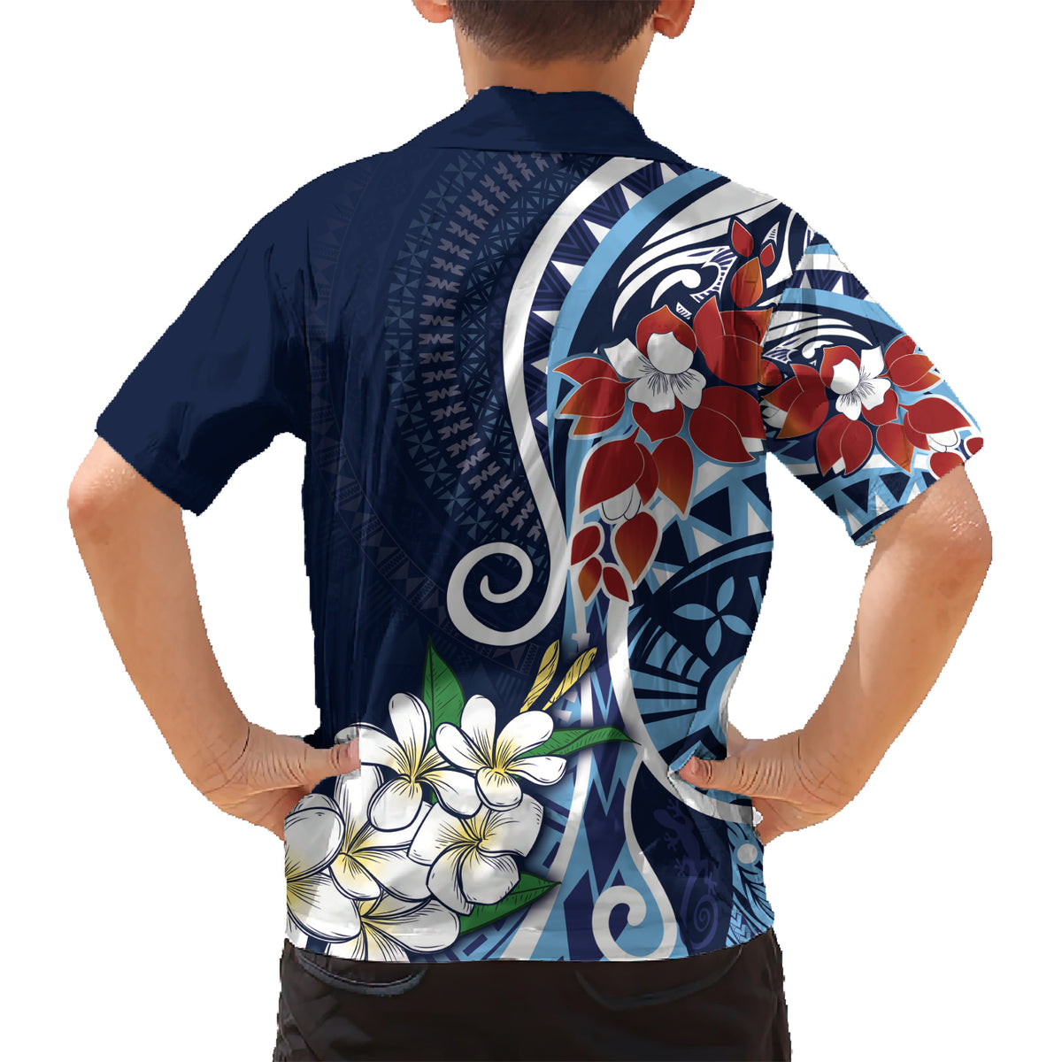 Bula Fiji Tagimaucia Mix Plumeria Masi Tapa Kid Hawaiian Shirt Blue LT7 - Polynesian Pride
