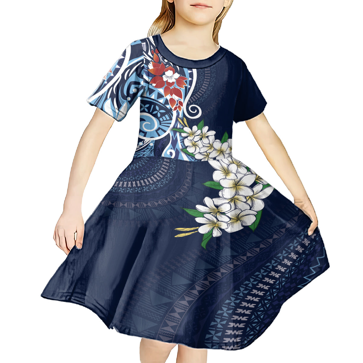 Bula Fiji Tagimaucia Mix Plumeria Masi Tapa Kid Short Sleeve Dress Blue LT7 - Polynesian Pride