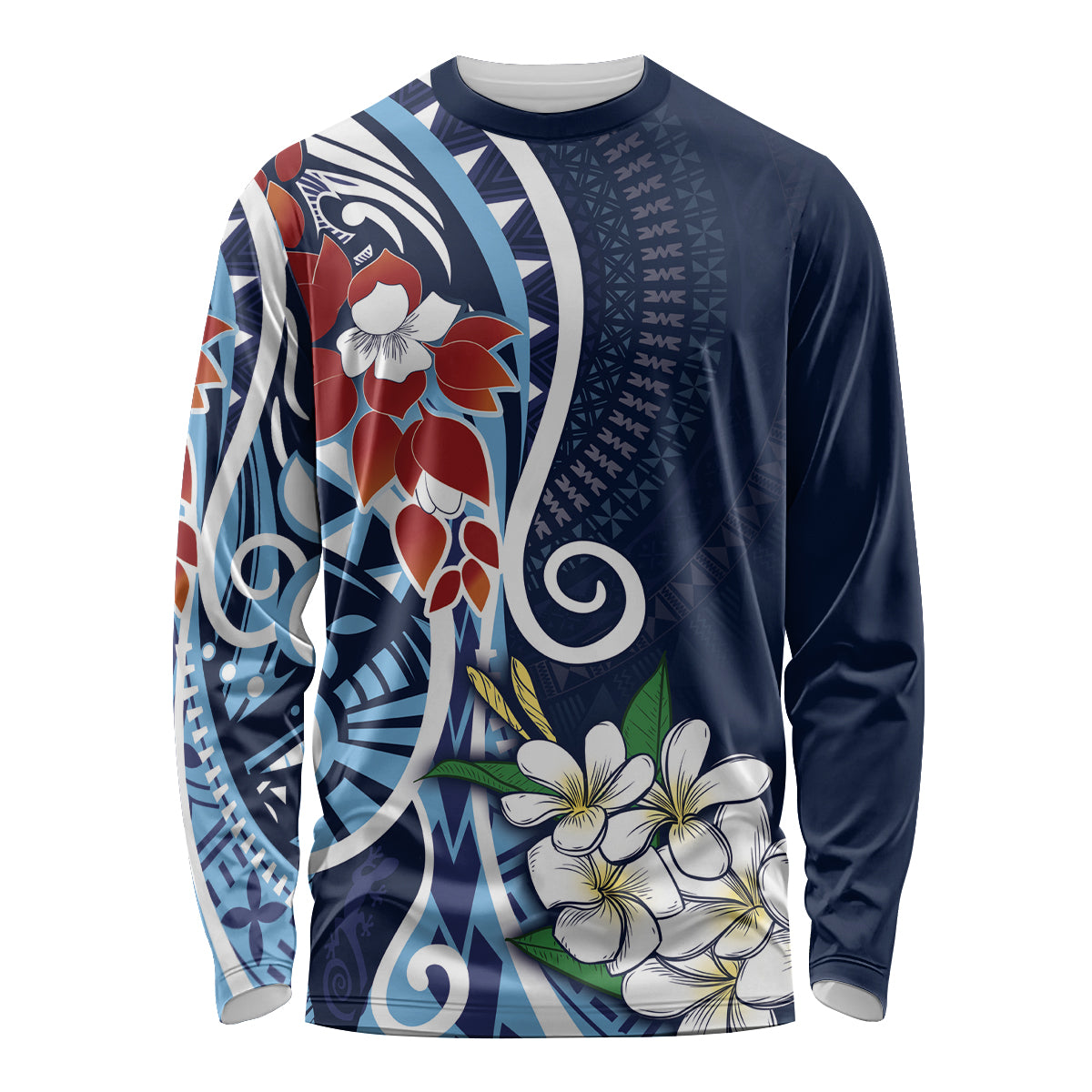 Bula Fiji Tagimaucia Mix Plumeria Masi Tapa Long Sleeve Shirt Blue LT7 Unisex Blue - Polynesian Pride