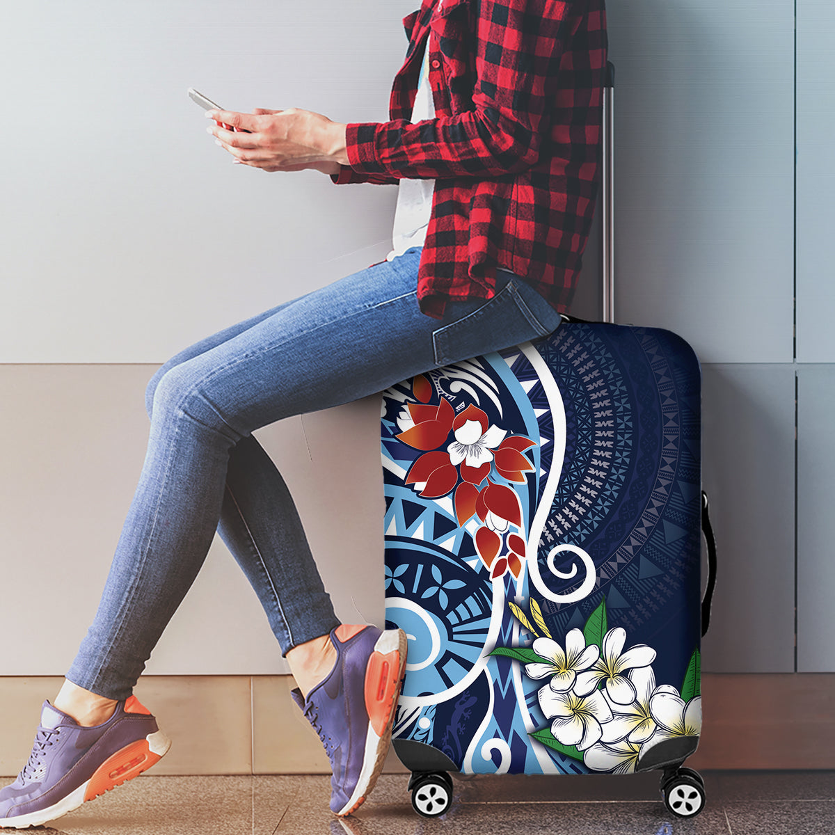 Bula Fiji Tagimaucia Mix Plumeria Masi Tapa Luggage Cover Blue