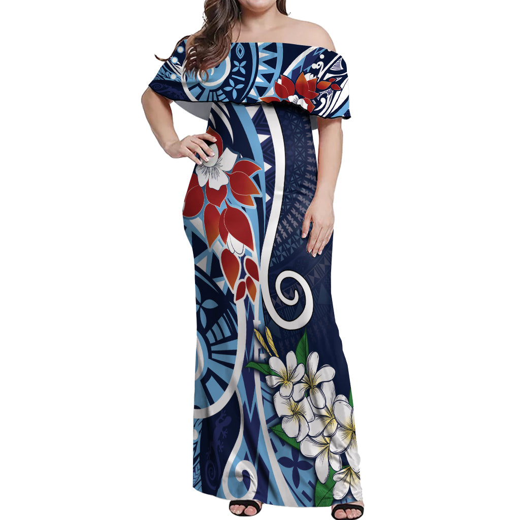 Bula Fiji Tagimaucia Mix Plumeria Masi Tapa Off Shoulder Maxi Dress Blue LT7 Women Blue - Polynesian Pride