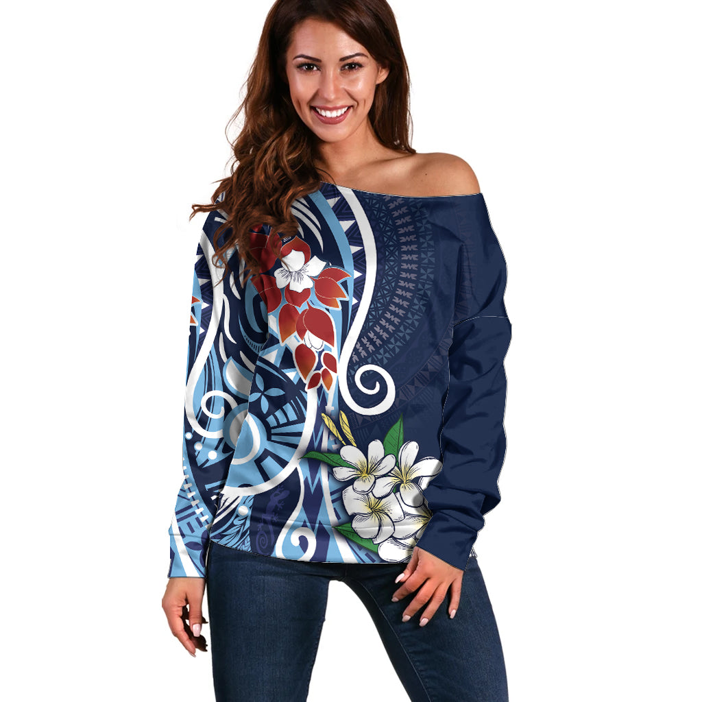 Bula Fiji Tagimaucia Mix Plumeria Masi Tapa Off Shoulder Sweater Blue LT7 Women Blue - Polynesian Pride