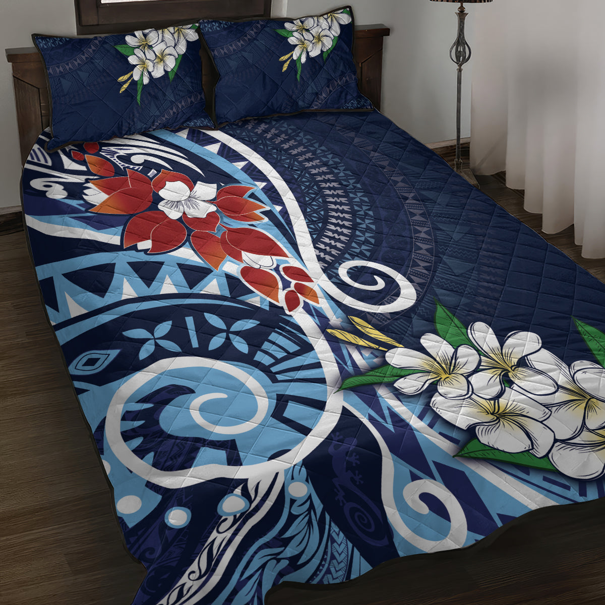 Bula Fiji Tagimaucia Mix Plumeria Masi Tapa Quilt Bed Set Blue