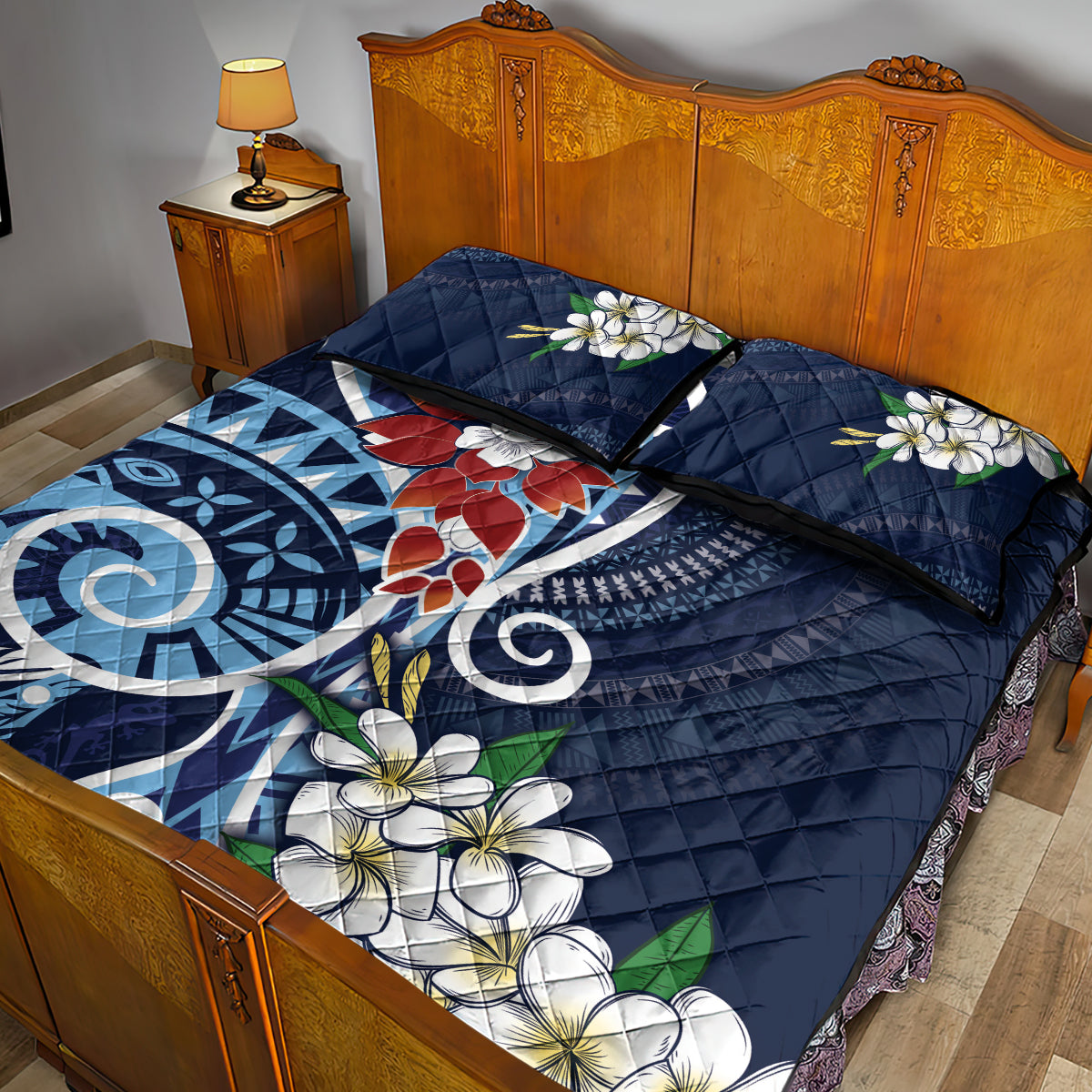 Bula Fiji Tagimaucia Mix Plumeria Masi Tapa Quilt Bed Set Blue