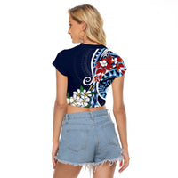 Bula Fiji Tagimaucia Mix Plumeria Masi Tapa Raglan Cropped T Shirt Blue LT7 - Polynesian Pride
