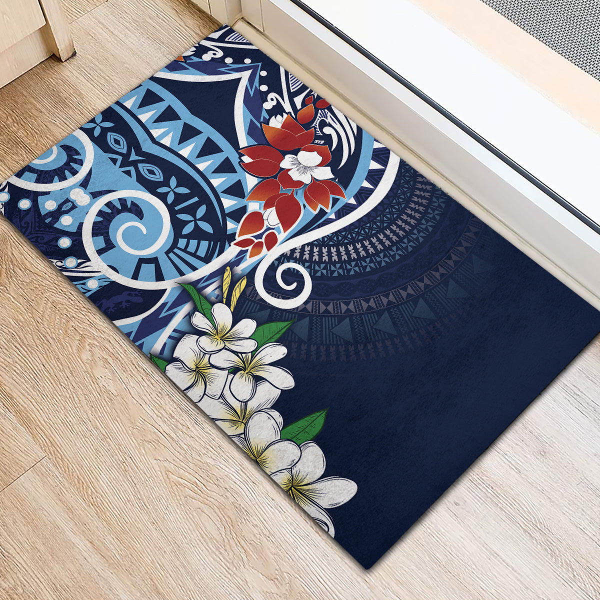 Bula Fiji Tagimaucia Mix Plumeria Masi Tapa Rubber Doormat Blue