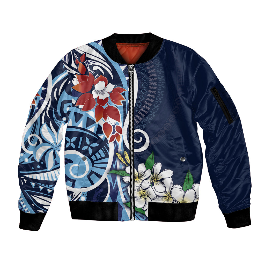Bula Fiji Tagimaucia Mix Plumeria Masi Tapa Sleeve Zip Bomber Jacket Blue LT7 Unisex Blue - Polynesian Pride