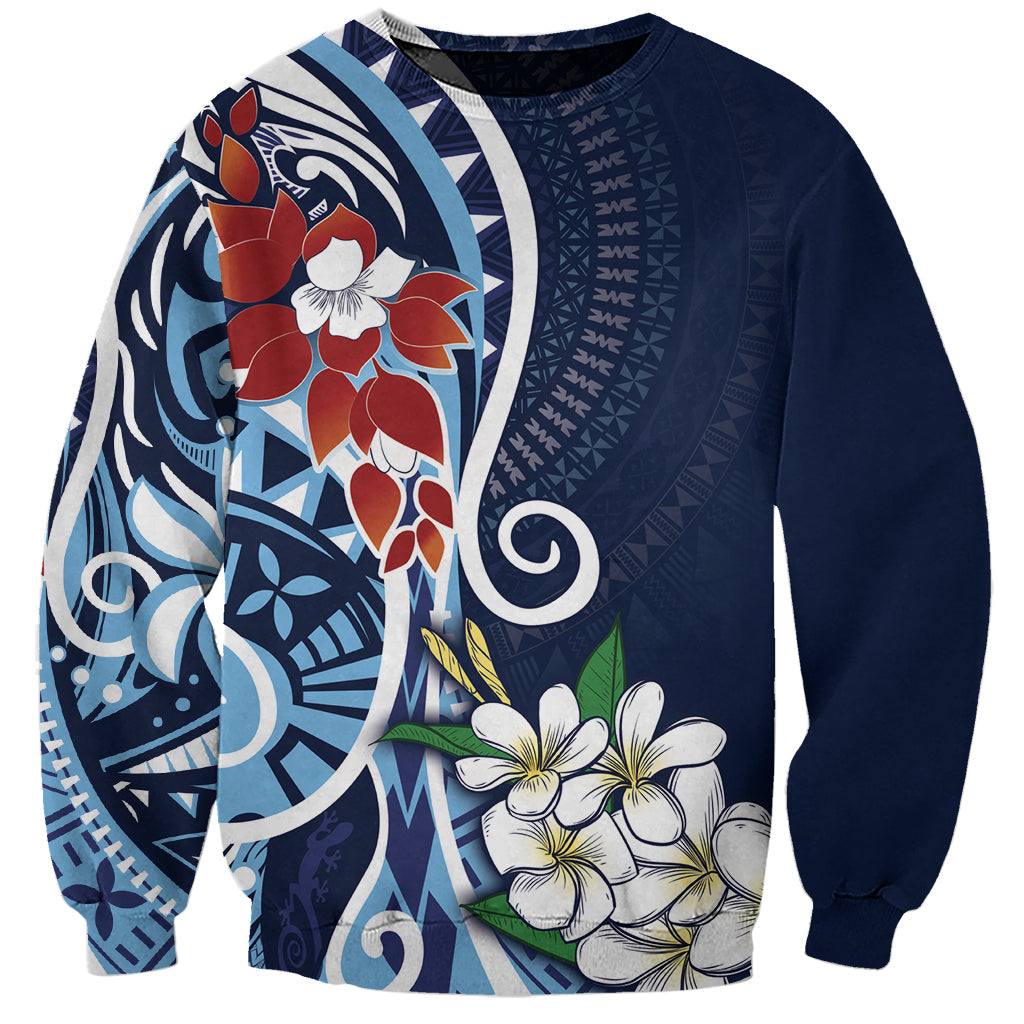 Bula Fiji Tagimaucia Mix Plumeria Masi Tapa Sweatshirt Blue LT7 Unisex Blue - Polynesian Pride