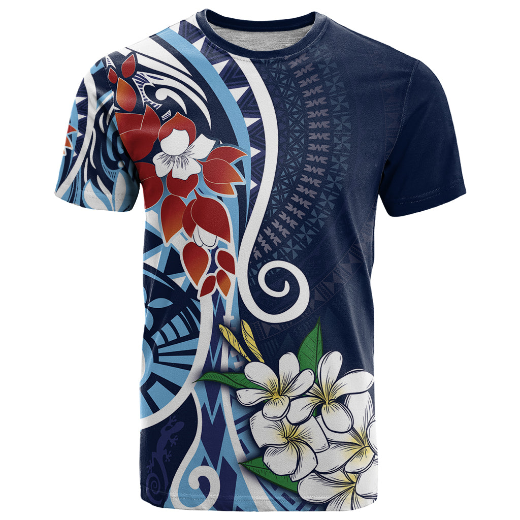 Bula Fiji Tagimaucia Mix Plumeria Masi Tapa T Shirt Blue LT7 Blue - Polynesian Pride