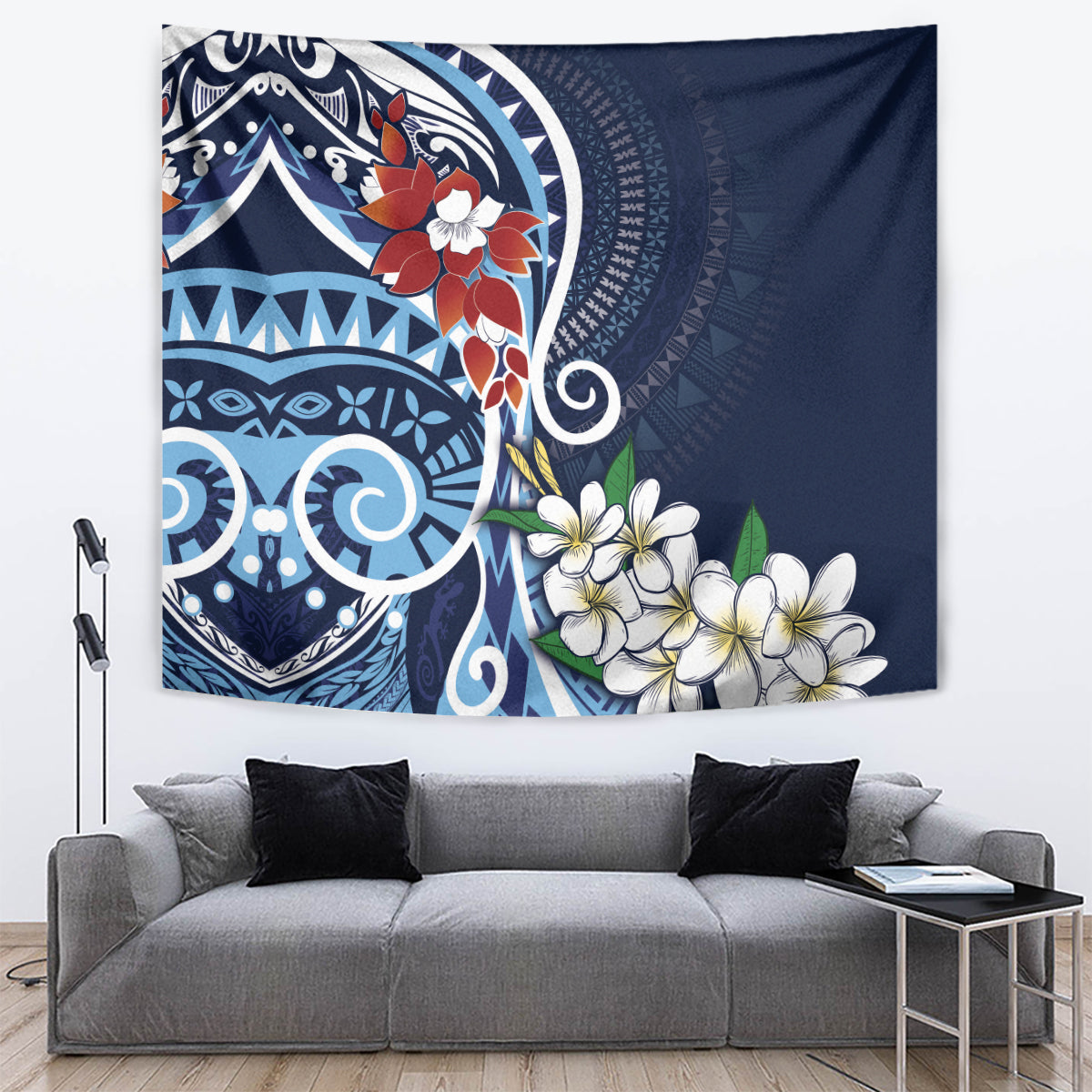 Bula Fiji Tagimaucia Mix Plumeria Masi Tapa Tapestry Blue