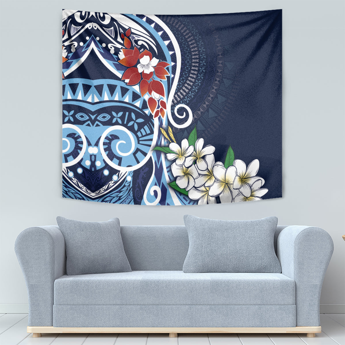 Bula Fiji Tagimaucia Mix Plumeria Masi Tapa Tapestry Blue