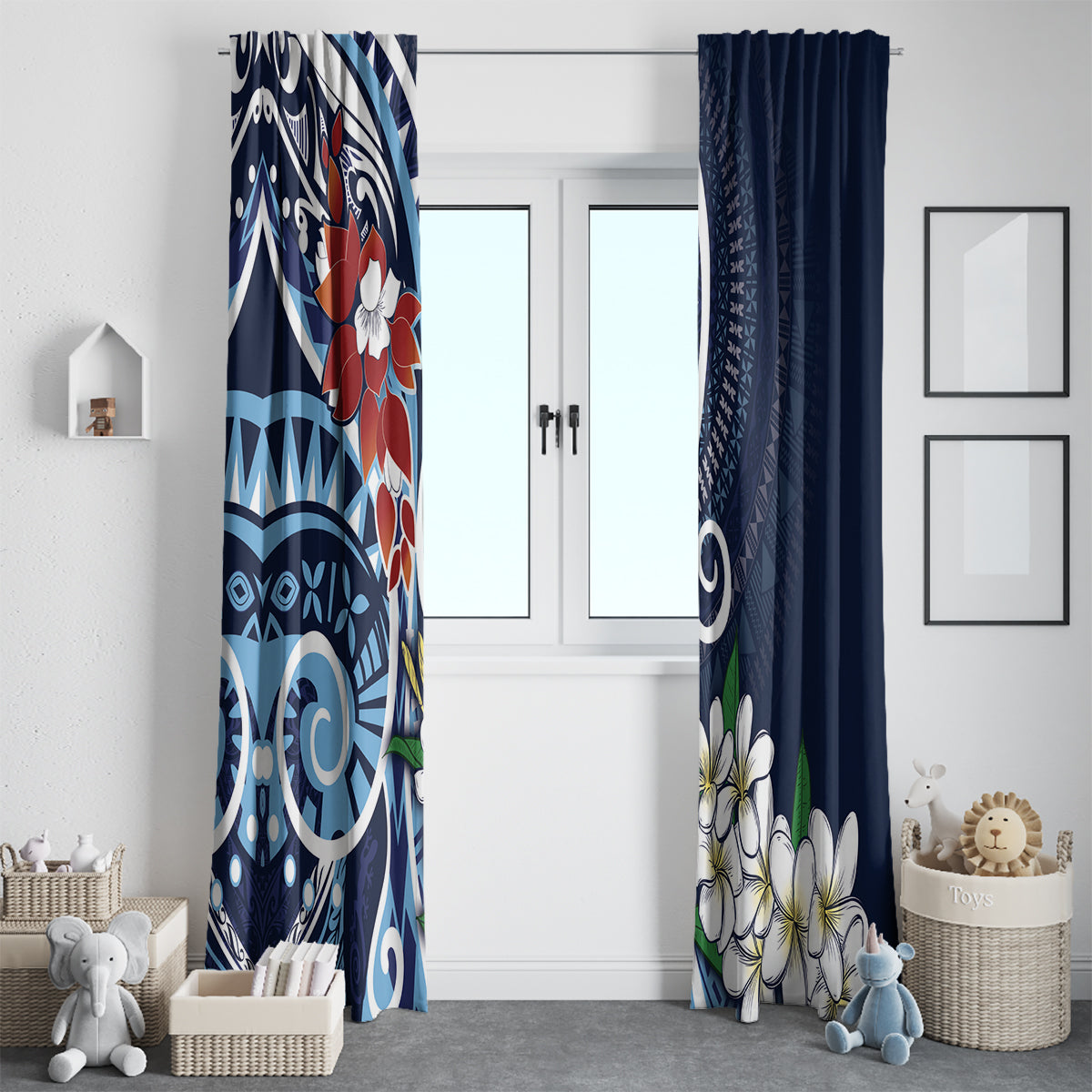 Bula Fiji Tagimaucia Mix Plumeria Masi Tapa Window Curtain Blue