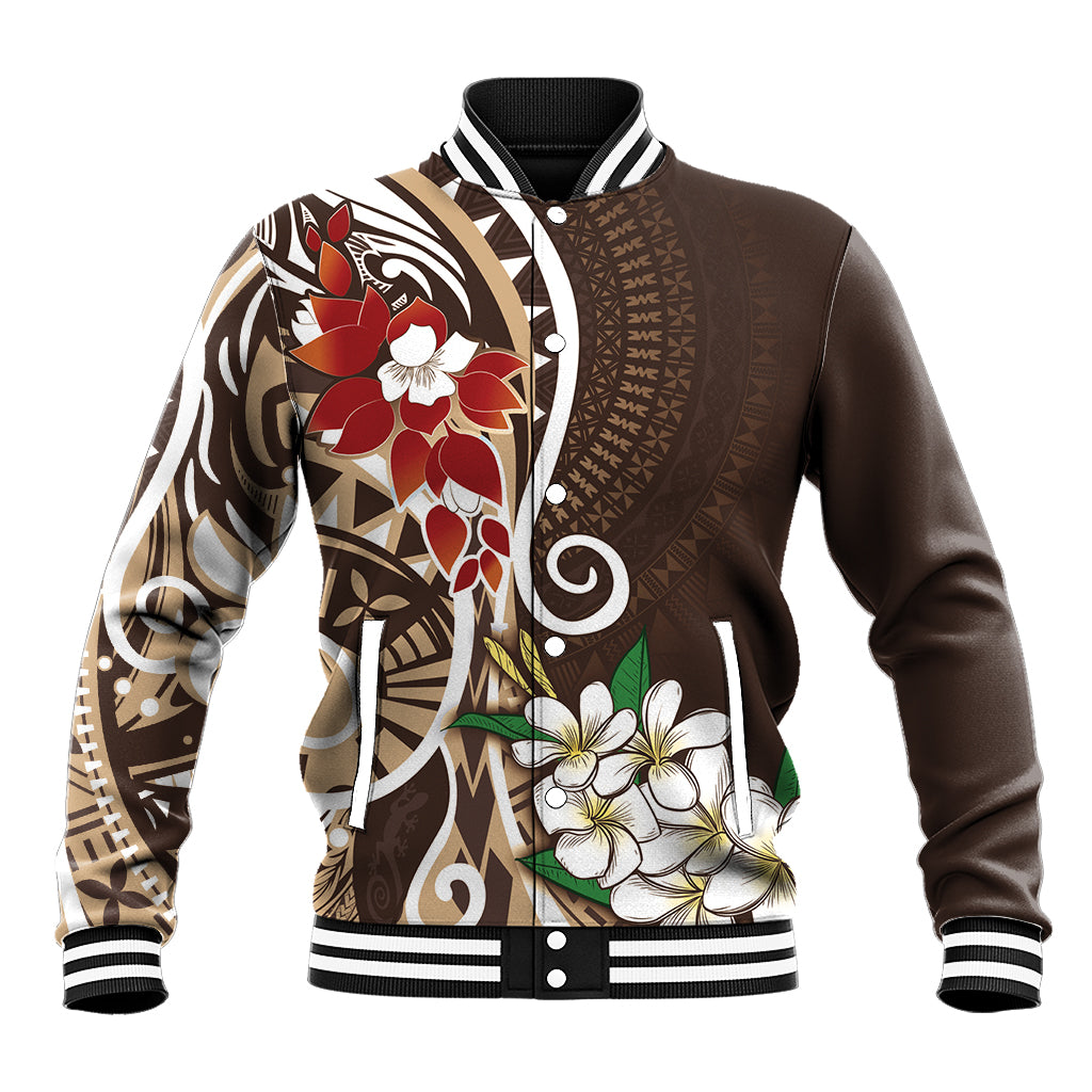 Bula Fiji Tagimaucia Mix Plumeria Masi Tapa Baseball Jacket Brown LT7 Unisex Brown - Polynesian Pride
