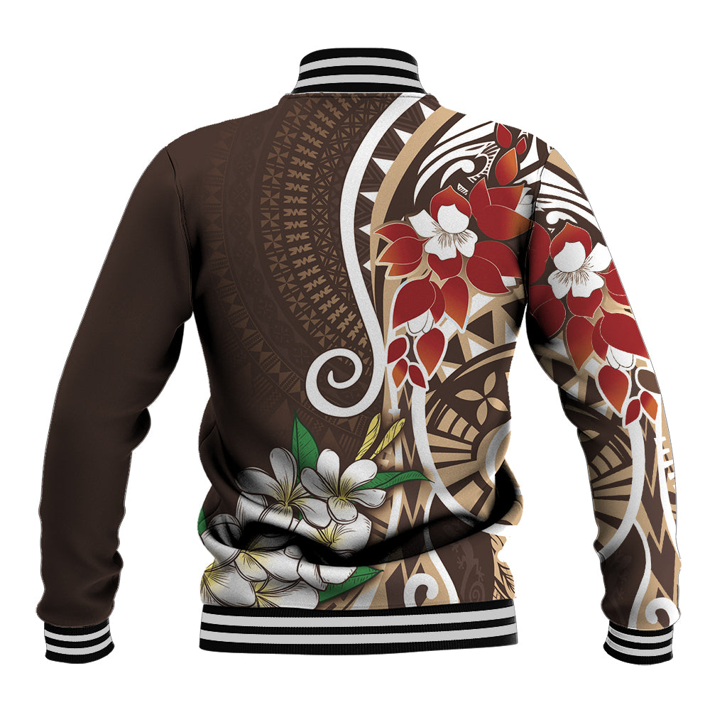 Bula Fiji Tagimaucia Mix Plumeria Masi Tapa Baseball Jacket Brown LT7 - Polynesian Pride