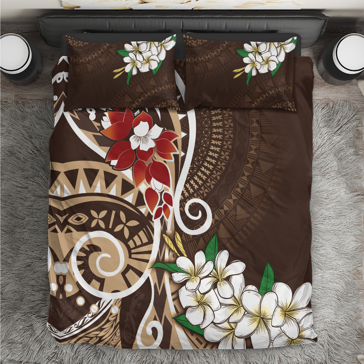 Bula Fiji Tagimaucia Mix Plumeria Masi Tapa Bedding Set Brown