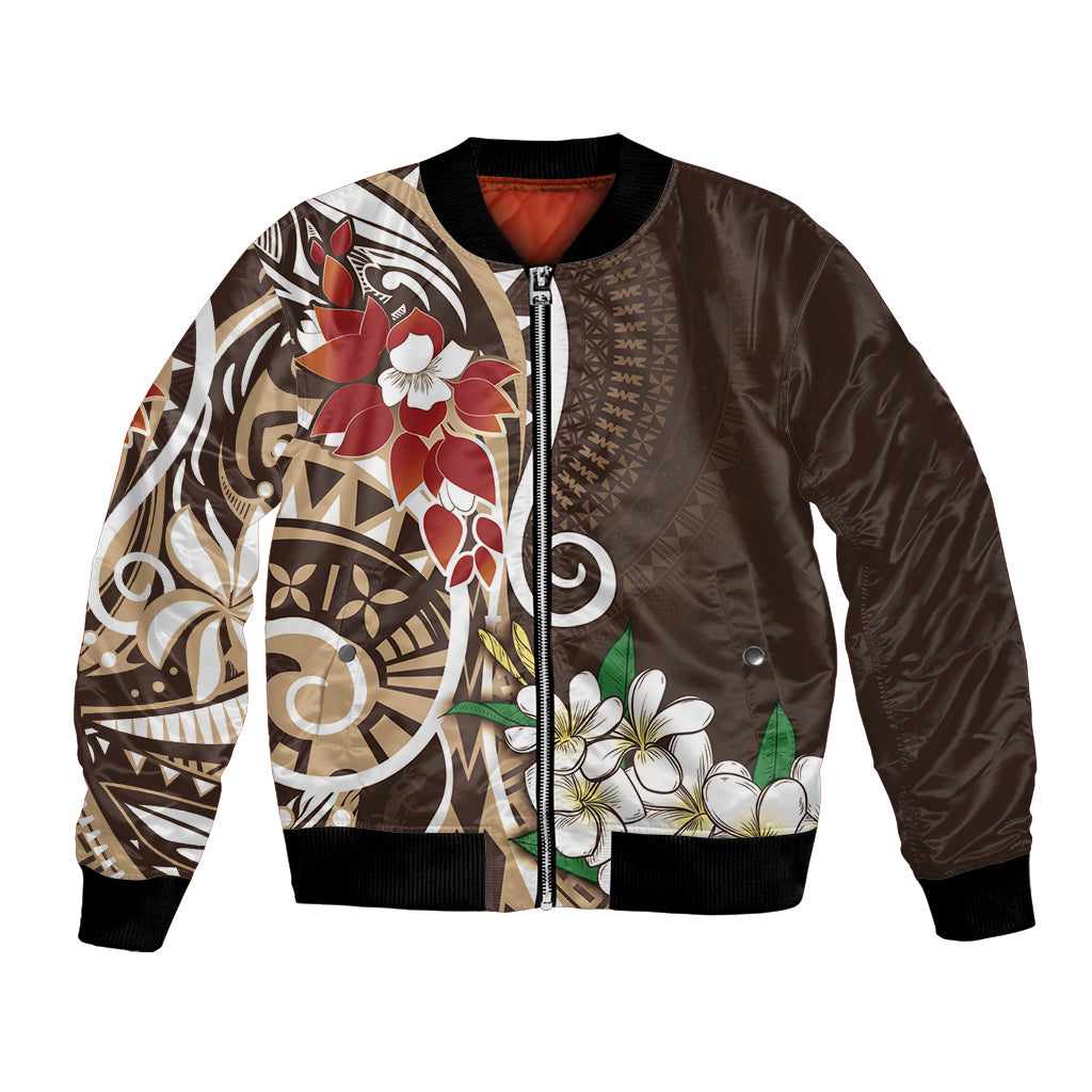 Bula Fiji Tagimaucia Mix Plumeria Masi Tapa Bomber Jacket Brown LT7 Unisex Brown - Polynesian Pride