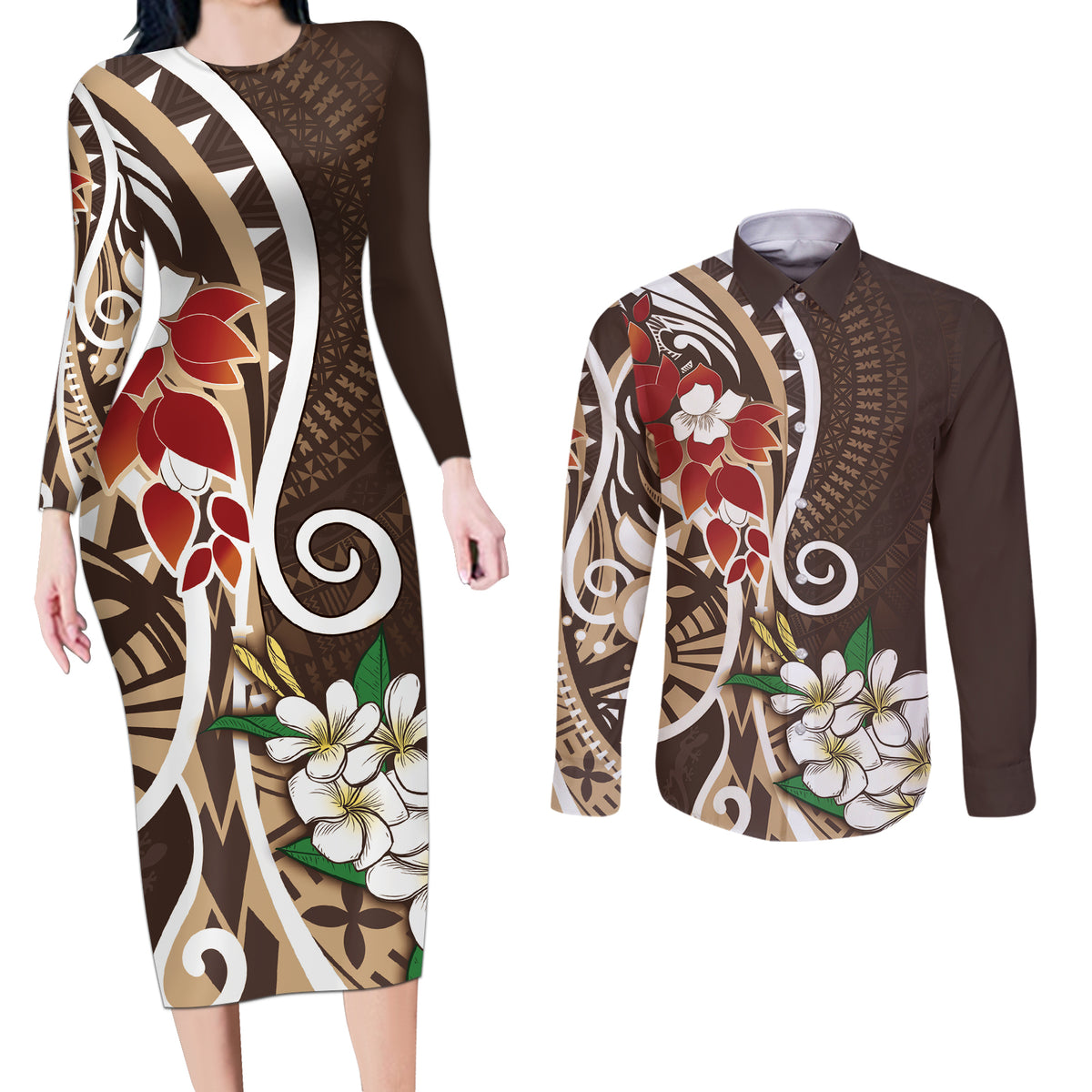 Bula Fiji Tagimaucia Mix Plumeria Masi Tapa Couples Matching Long Sleeve Bodycon Dress and Long Sleeve Button Shirt Brown LT7 Brown - Polynesian Pride
