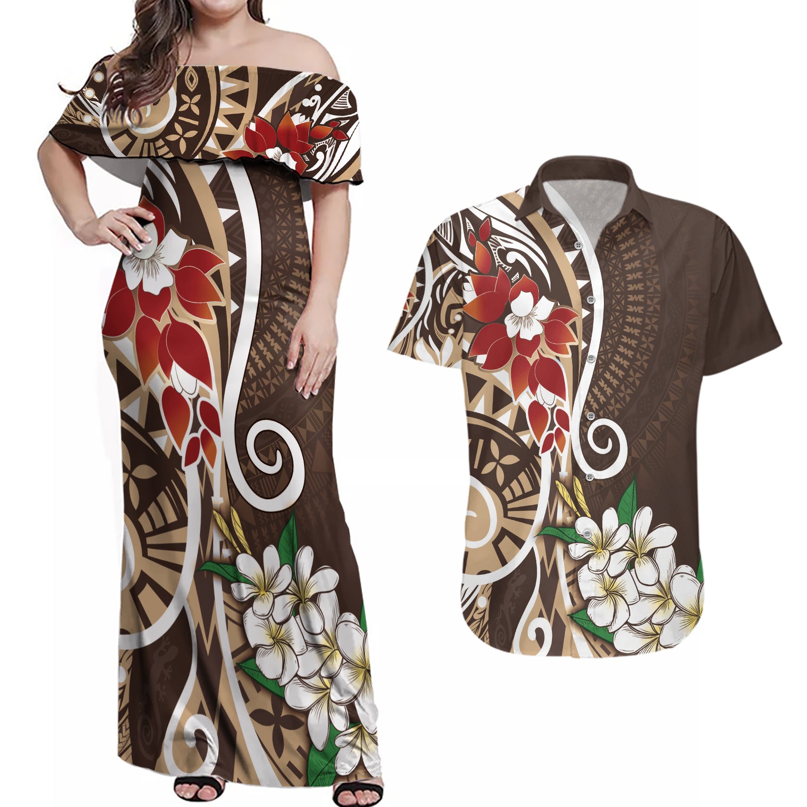 Bula Fiji Tagimaucia Mix Plumeria Masi Tapa Couples Matching Off Shoulder Maxi Dress and Hawaiian Shirt Brown LT7 Brown - Polynesian Pride