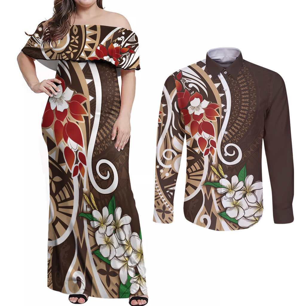 Bula Fiji Tagimaucia Mix Plumeria Masi Tapa Couples Matching Off Shoulder Maxi Dress and Long Sleeve Button Shirt Brown LT7 Brown - Polynesian Pride