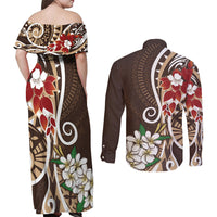 Bula Fiji Tagimaucia Mix Plumeria Masi Tapa Couples Matching Off Shoulder Maxi Dress and Long Sleeve Button Shirt Brown LT7 - Polynesian Pride