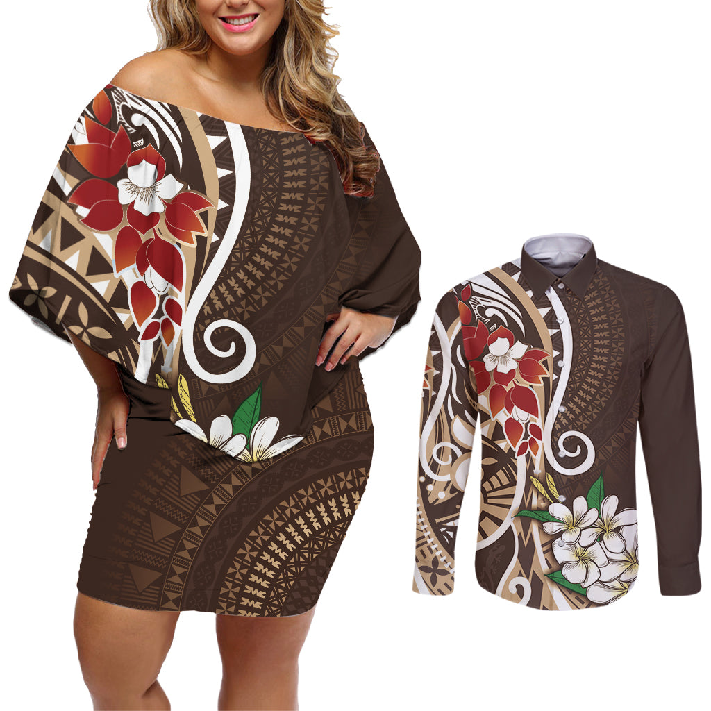 Bula Fiji Tagimaucia Mix Plumeria Masi Tapa Couples Matching Off Shoulder Short Dress and Long Sleeve Button Shirt Brown LT7 Brown - Polynesian Pride