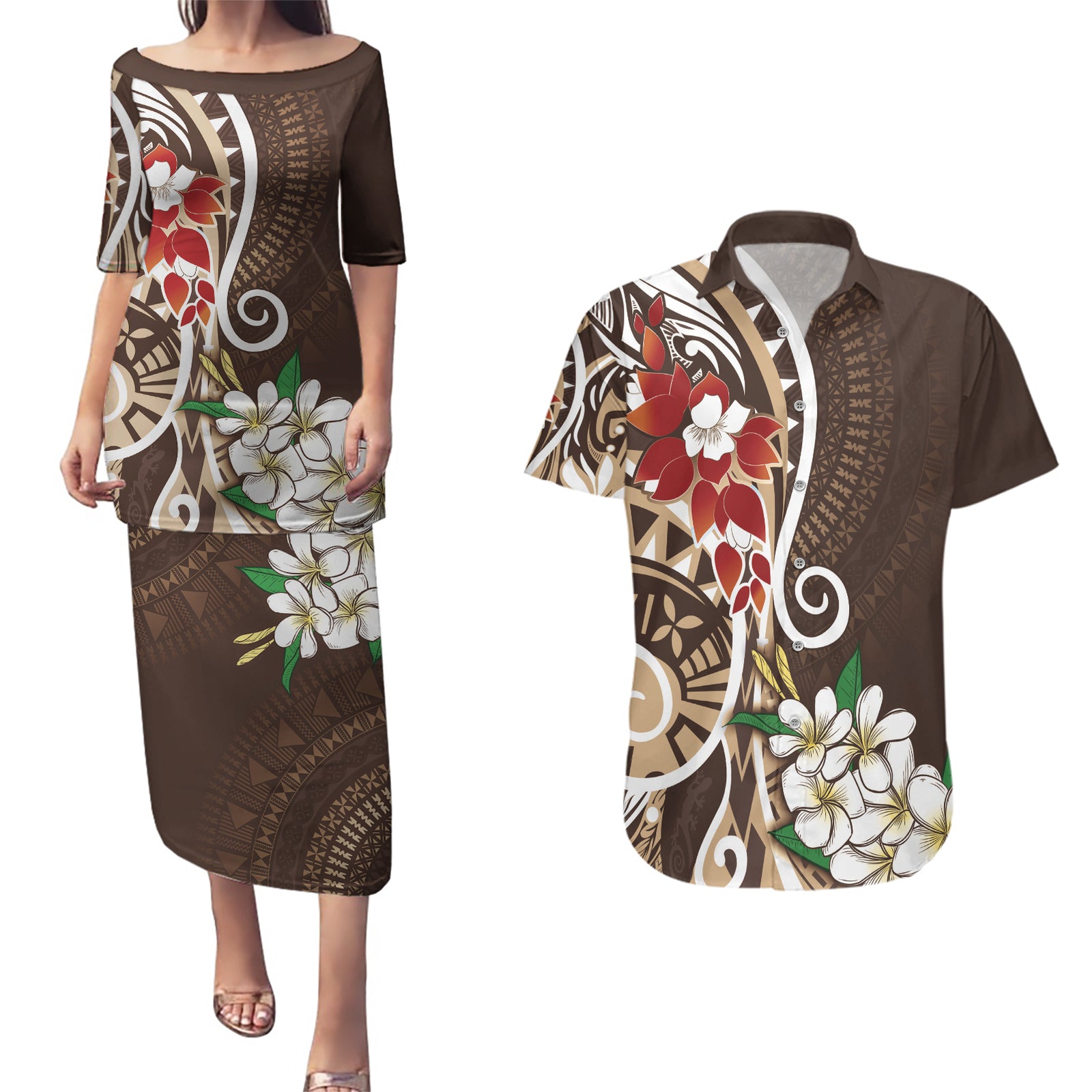 Bula Fiji Tagimaucia Mix Plumeria Masi Tapa Couples Matching Puletasi and Hawaiian Shirt Brown LT7 Brown - Polynesian Pride
