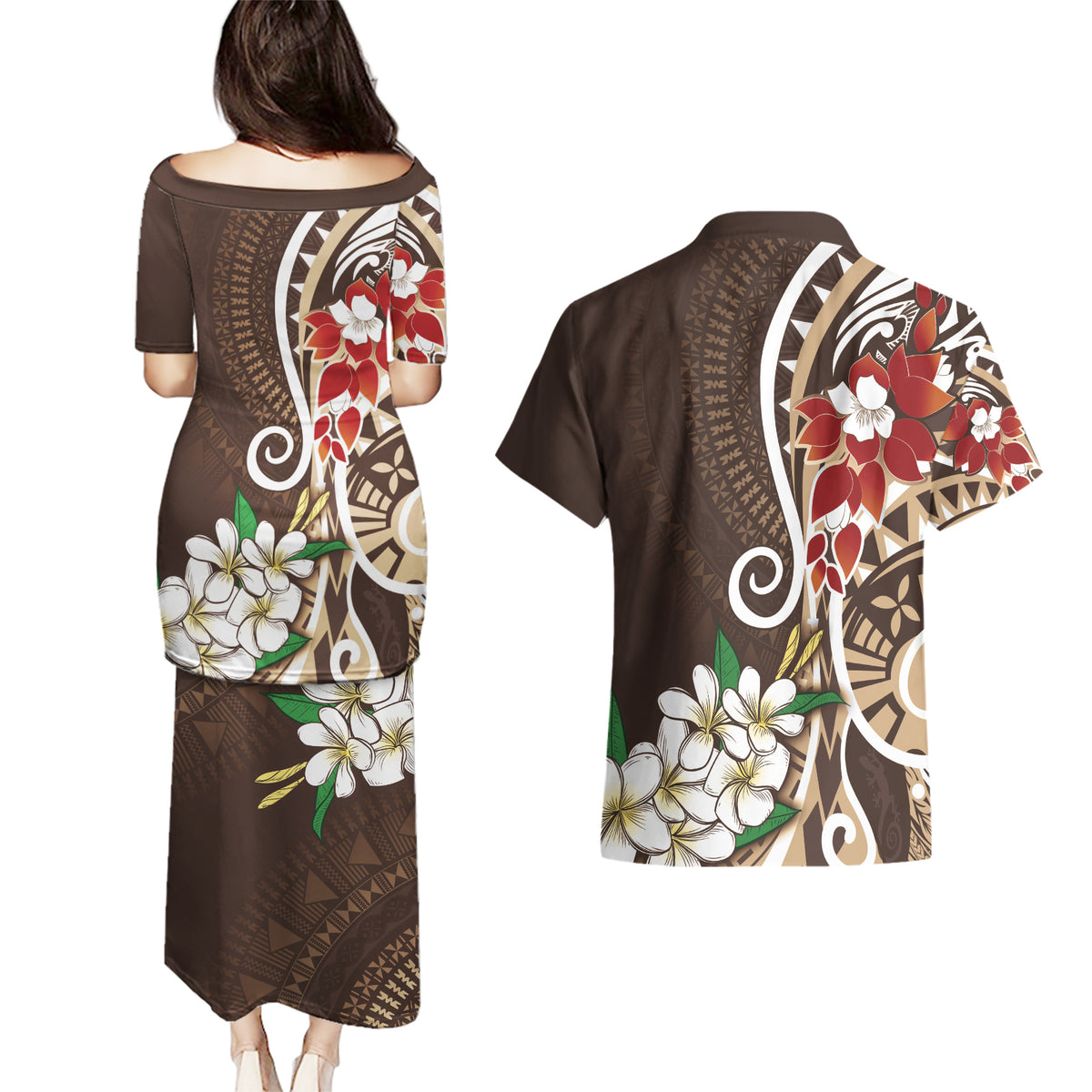 Bula Fiji Tagimaucia Mix Plumeria Masi Tapa Couples Matching Puletasi and Hawaiian Shirt Brown LT7 - Polynesian Pride