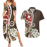 Bula Fiji Tagimaucia Mix Plumeria Masi Tapa Couples Matching Summer Maxi Dress and Hawaiian Shirt Brown LT7 Brown - Polynesian Pride