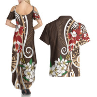 Bula Fiji Tagimaucia Mix Plumeria Masi Tapa Couples Matching Summer Maxi Dress and Hawaiian Shirt Brown LT7 - Polynesian Pride