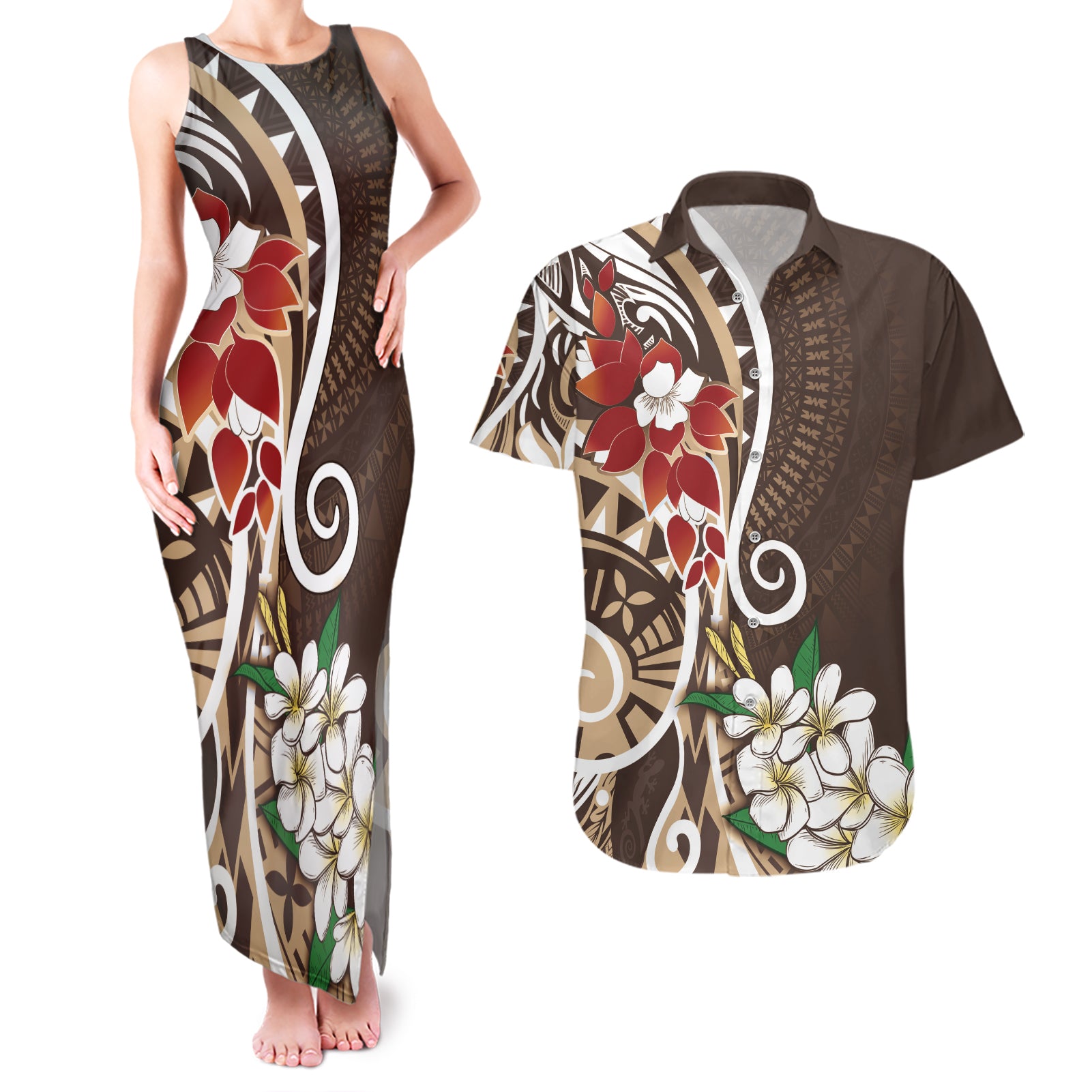 Bula Fiji Tagimaucia Mix Plumeria Masi Tapa Couples Matching Tank Maxi Dress and Hawaiian Shirt Brown LT7 Brown - Polynesian Pride