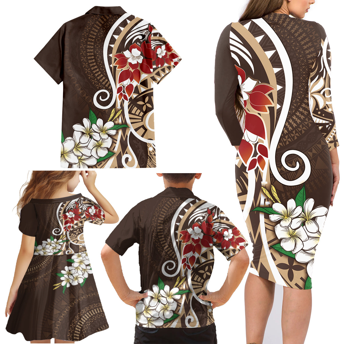 Bula Fiji Tagimaucia Mix Plumeria Masi Tapa Family Matching Long Sleeve Bodycon Dress and Hawaiian Shirt Brown LT7 - Polynesian Pride