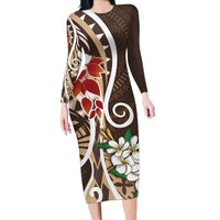 Bula Fiji Tagimaucia Mix Plumeria Masi Tapa Family Matching Long Sleeve Bodycon Dress and Hawaiian Shirt Brown LT7 Mom's Dress Brown - Polynesian Pride