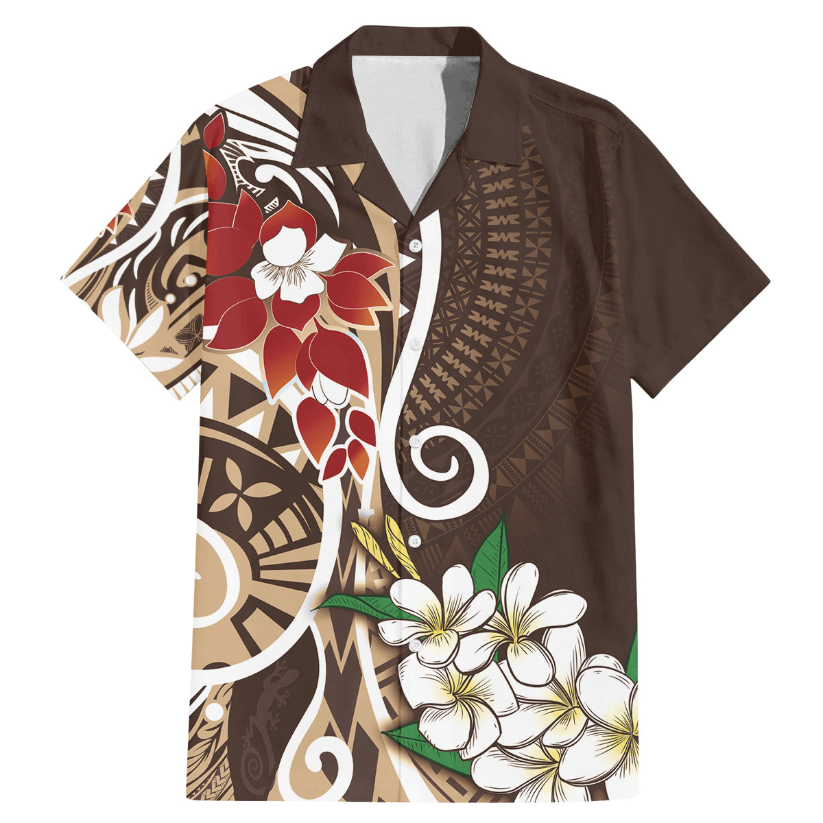 Bula Fiji Tagimaucia Mix Plumeria Masi Tapa Family Matching Mermaid Dress and Hawaiian Shirt Brown LT7 Dad's Shirt - Short Sleeve Brown - Polynesian Pride