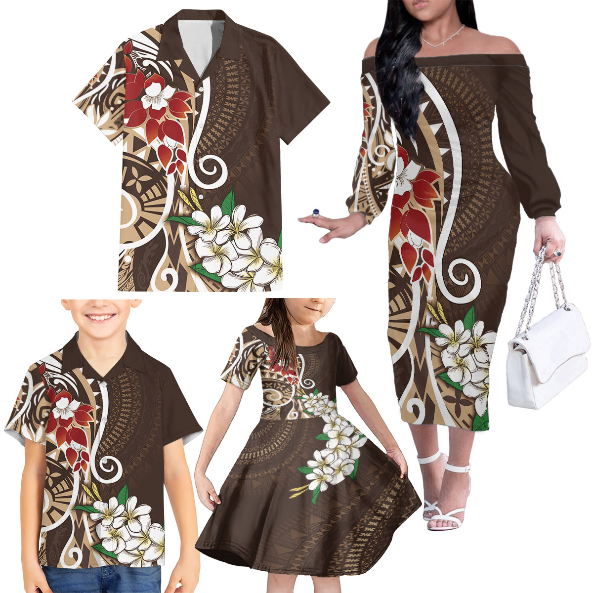 Bula Fiji Tagimaucia Mix Plumeria Masi Tapa Family Matching Off Shoulder Long Sleeve Dress and Hawaiian Shirt Brown LT7 - Polynesian Pride