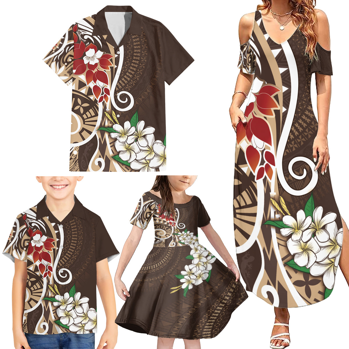 Bula Fiji Tagimaucia Mix Plumeria Masi Tapa Family Matching Summer Maxi Dress and Hawaiian Shirt Brown LT7 - Polynesian Pride