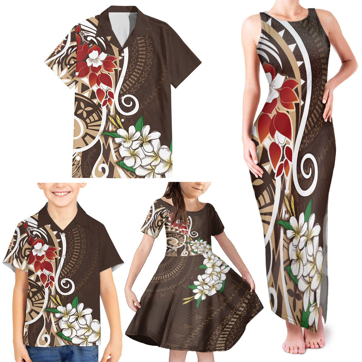 Bula Fiji Tagimaucia Mix Plumeria Masi Tapa Family Matching Tank Maxi Dress and Hawaiian Shirt Brown LT7 - Polynesian Pride