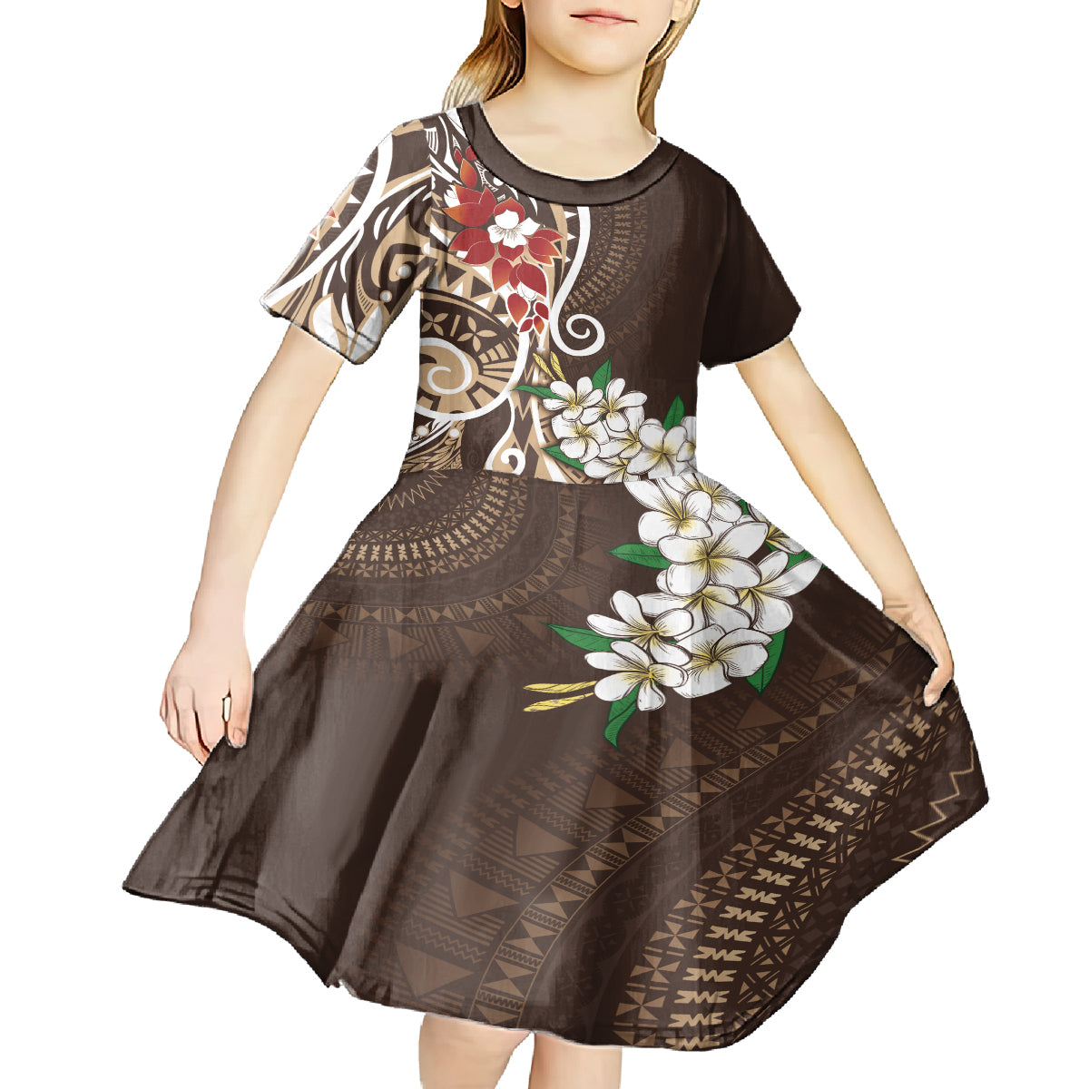 Bula Fiji Tagimaucia Mix Plumeria Masi Tapa Kid Short Sleeve Dress Brown LT7 - Polynesian Pride