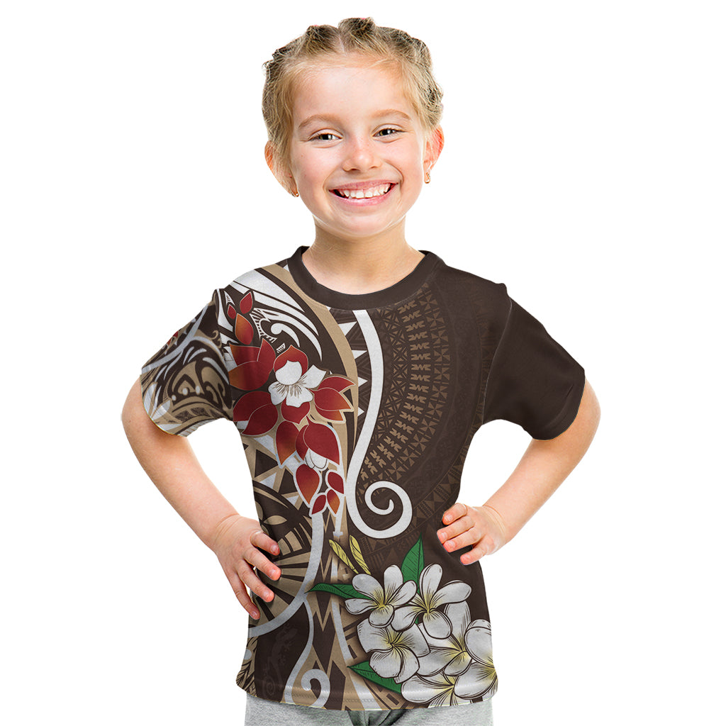 Bula Fiji Tagimaucia Mix Plumeria Masi Tapa Kid T Shirt Brown LT7 Brown - Polynesian Pride