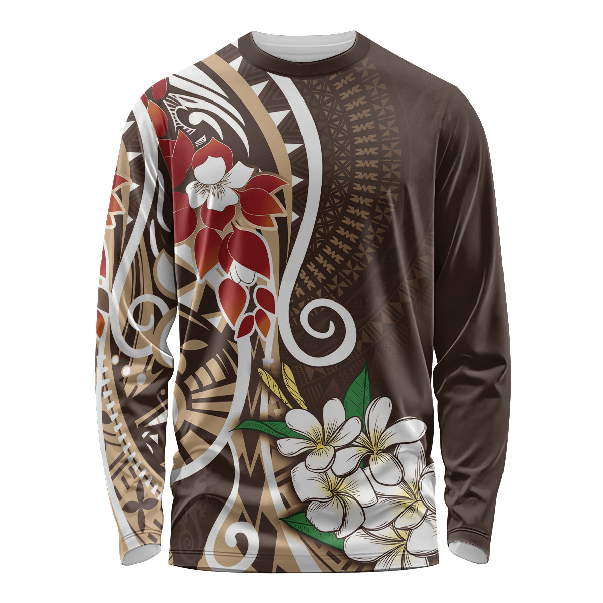 Bula Fiji Tagimaucia Mix Plumeria Masi Tapa Long Sleeve Shirt Brown LT7 Unisex Brown - Polynesian Pride