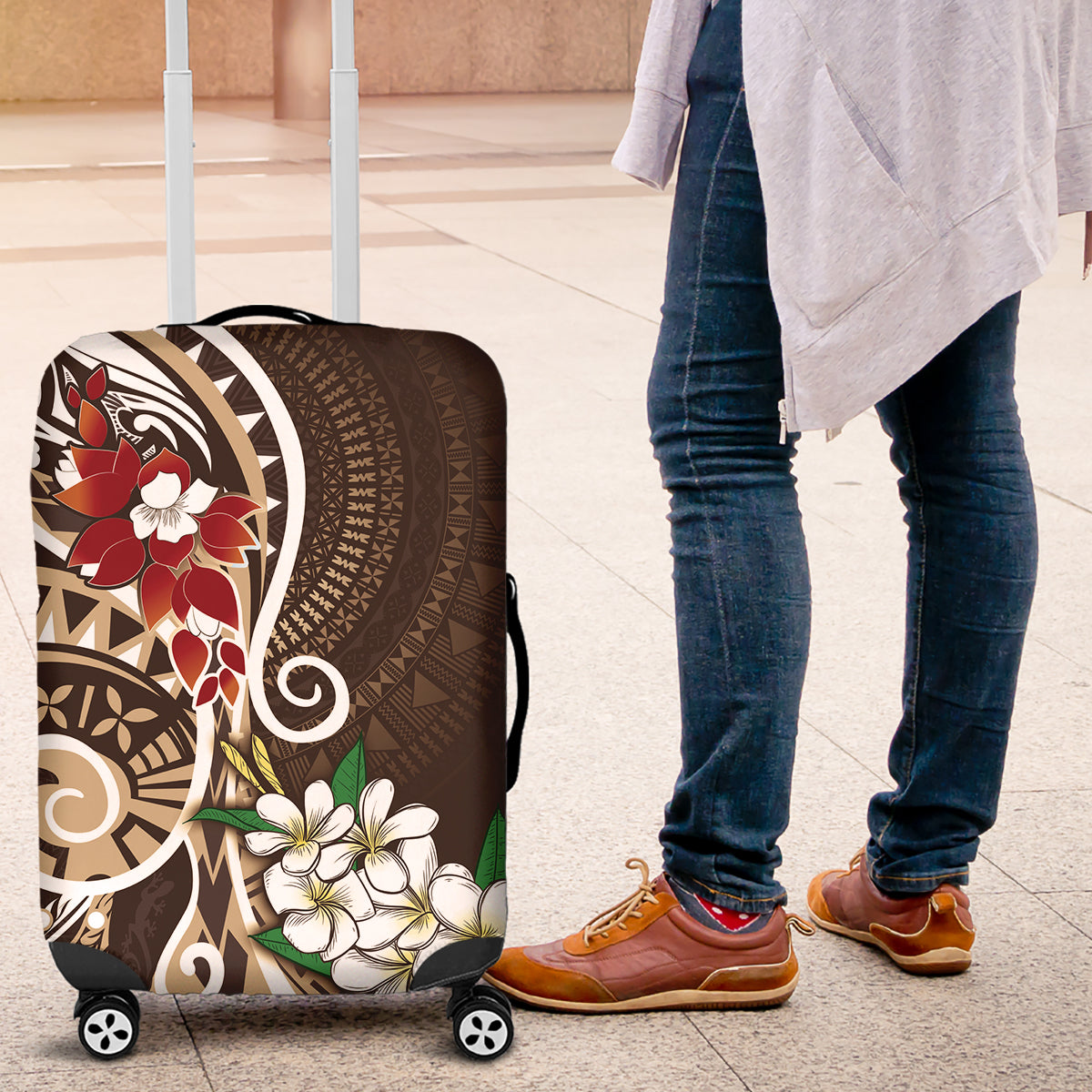 Bula Fiji Tagimaucia Mix Plumeria Masi Tapa Luggage Cover Brown