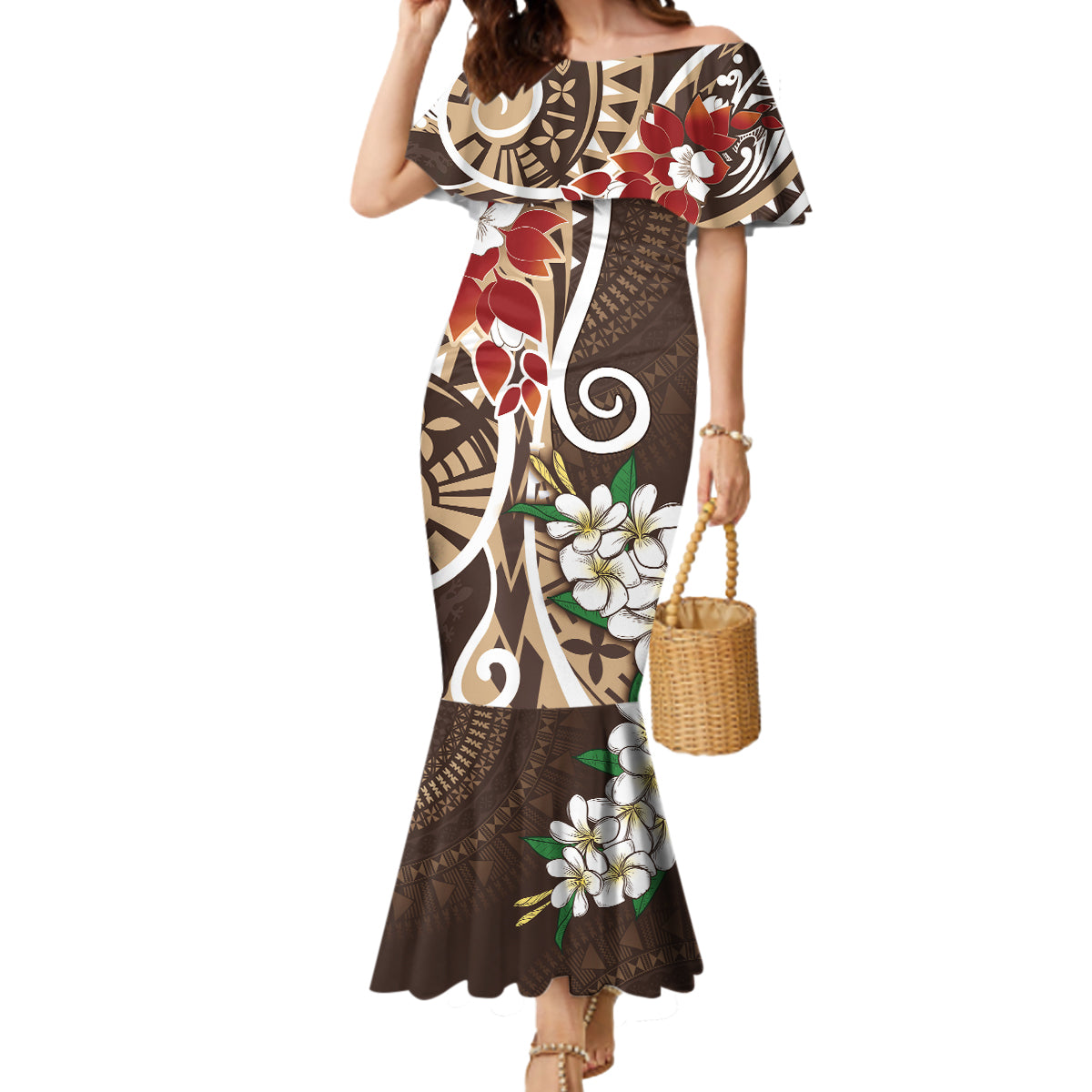 Bula Fiji Tagimaucia Mix Plumeria Masi Tapa Mermaid Dress Brown LT7 Women Brown - Polynesian Pride