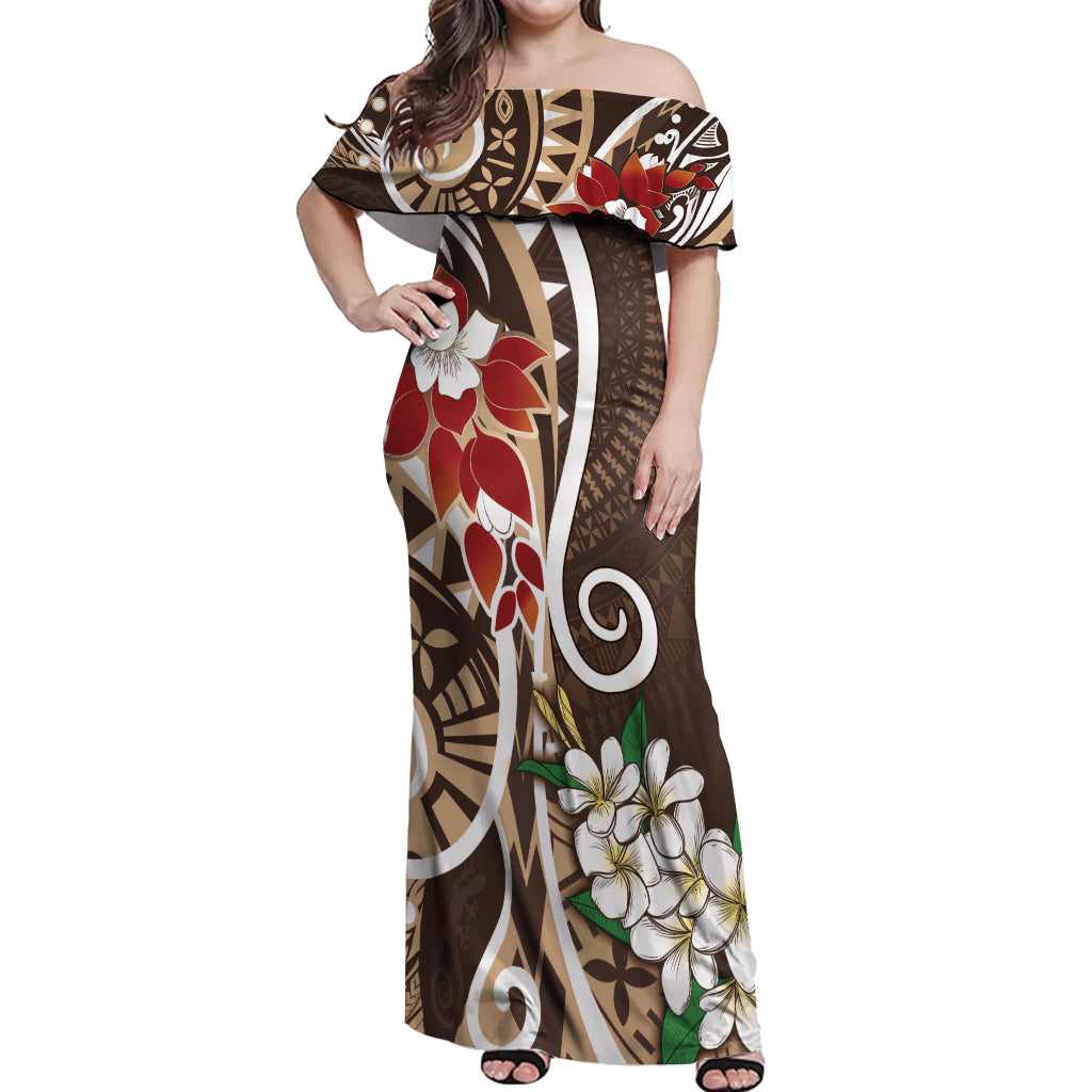 Bula Fiji Tagimaucia Mix Plumeria Masi Tapa Off Shoulder Maxi Dress Brown LT7 Women Brown - Polynesian Pride