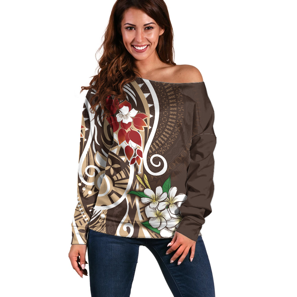 Bula Fiji Tagimaucia Mix Plumeria Masi Tapa Off Shoulder Sweater Brown LT7 Women Brown - Polynesian Pride