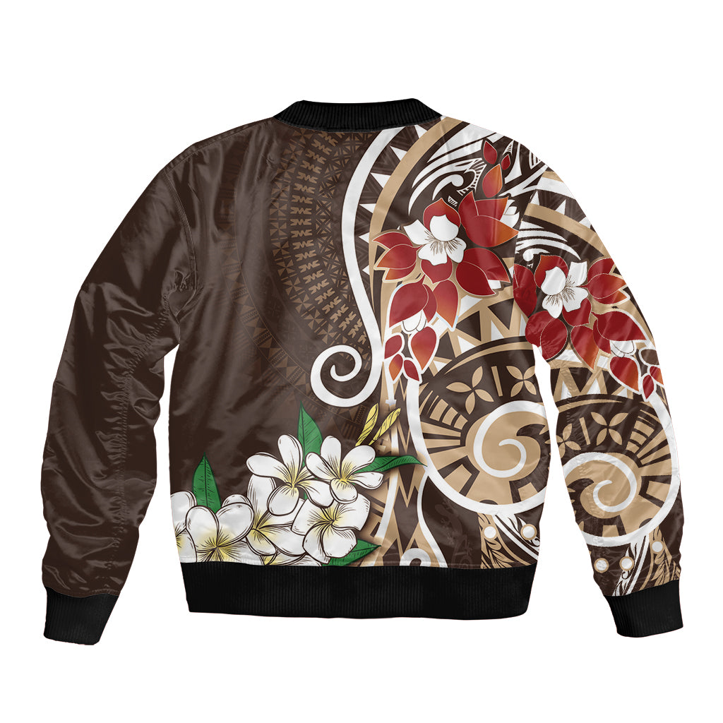 Bula Fiji Tagimaucia Mix Plumeria Masi Tapa Sleeve Zip Bomber Jacket Brown LT7 - Polynesian Pride