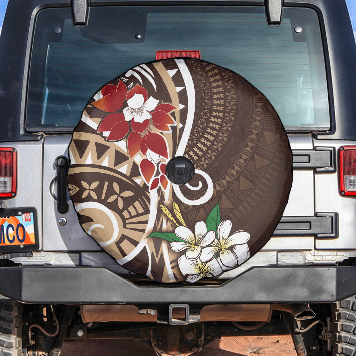 Bula Fiji Tagimaucia Mix Plumeria Masi Tapa Spare Tire Cover Brown