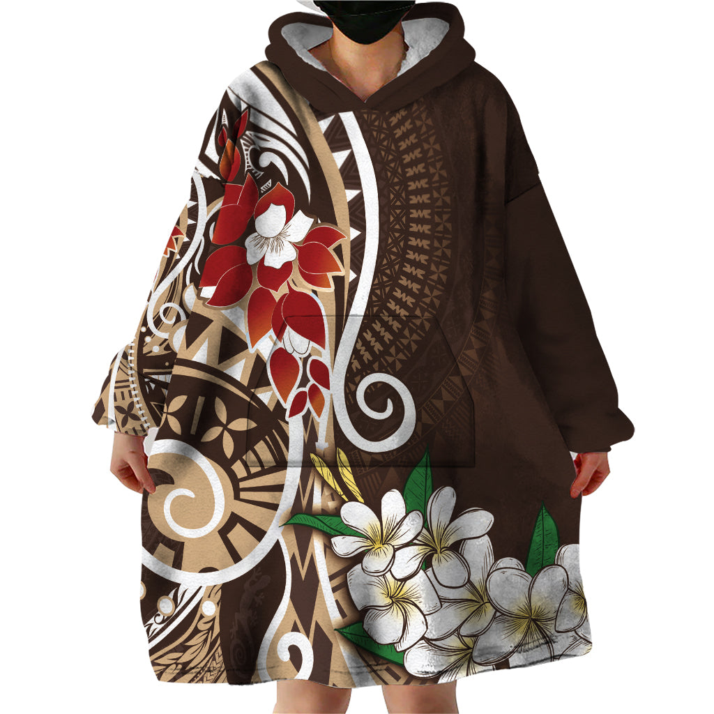Bula Fiji Tagimaucia Mix Plumeria Masi Tapa Wearable Blanket Hoodie Brown LT7 - Polynesian Pride