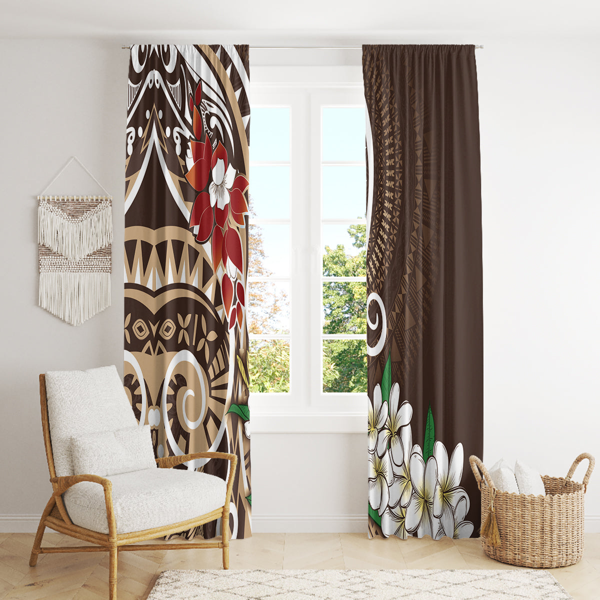 Bula Fiji Tagimaucia Mix Plumeria Masi Tapa Window Curtain Brown