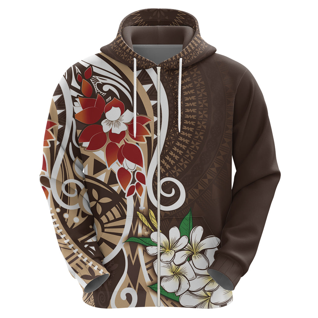 Bula Fiji Tagimaucia Mix Plumeria Masi Tapa Zip Hoodie Brown LT7 - Polynesian Pride