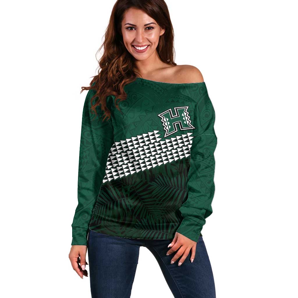 Hawaii Rainbow Warriors Alumni Custom Off Shoulder Sweater Kanaka Arrows Tropical Vibes LT7 Women Green - Polynesian Pride